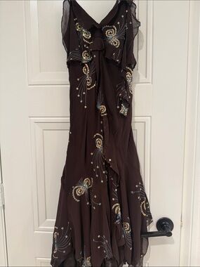 Euro Fairy Brown Embroidered Maxi Dress with sequins Detail